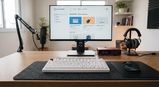 Estação de trabalho de desenvolvedor com teclado mecânico e setup minimalista