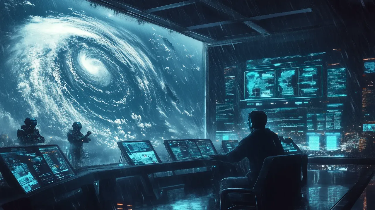 Pesquisadores analisando dados hidrometeorológicos em telas de computador futurista