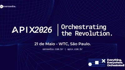 Logotipo do evento APIX 2026 com elementos gráficos representando conexões digitais e inteligência artificial.