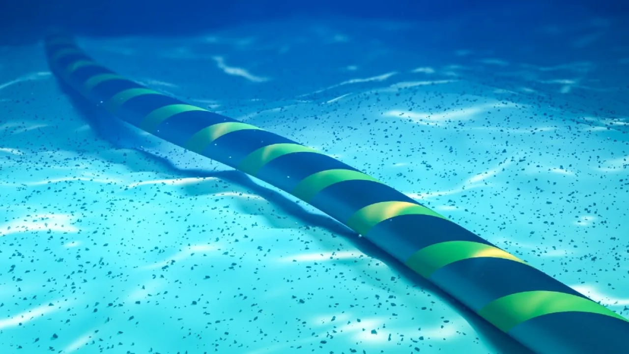 Cabos submarinos de fibra óptica sob o oceano conectando continentes