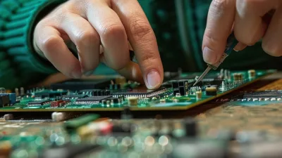 Microchip semicondutor em destaque sobre placa de circuito eletrônico