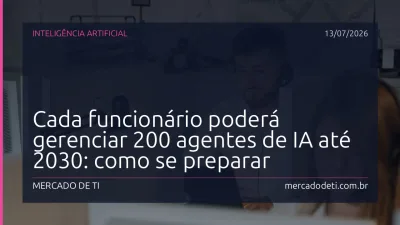 Ilustração de um profissional de TI rodeado por múltiplos agentes de IA em painéis digitais, representando a gestão de 200 agentes