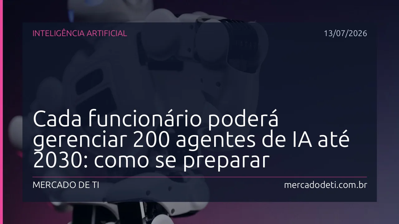 Ilustração de um profissional de TI rodeado por múltiplos agentes de IA em painéis digitais, representando a gestão de 200 agentes