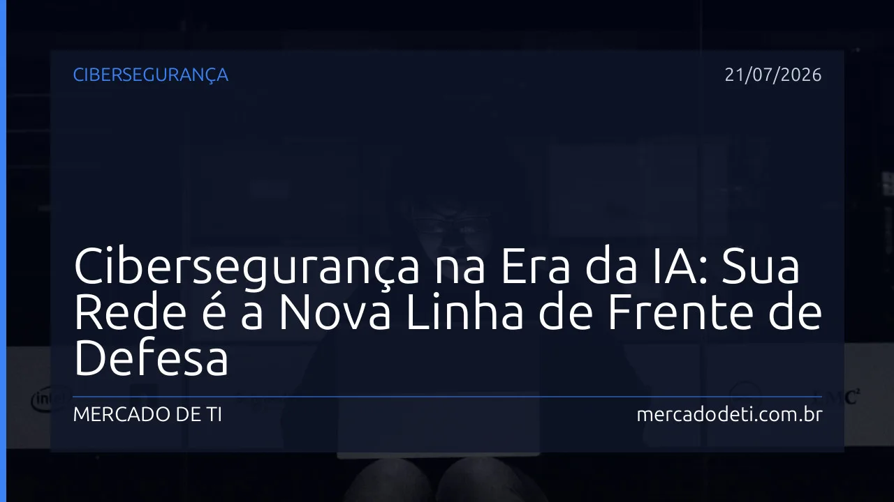 Representação visual da inteligência artificial atuando na segurança de rede, com escudos digitais protegendo o fluxo de dados em um ambiente corporativo moderno.