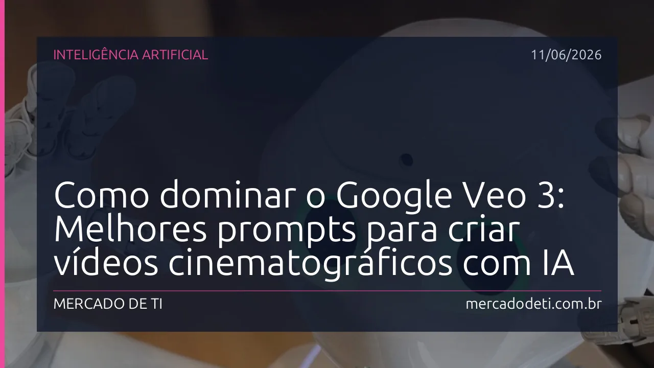 Interface conceitual mostrando a criação de prompts para geração de vídeos cinemáticos com a inteligência artificial Google Veo 3