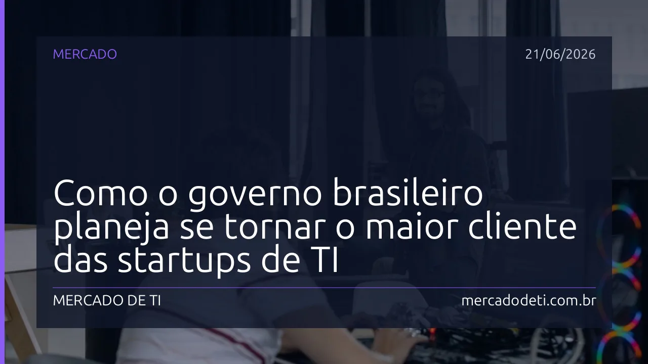 Representação digital e moderna de inovação e tecnologia no setor público com prédios governamentais estilizados e engrenagens de tecnologia.