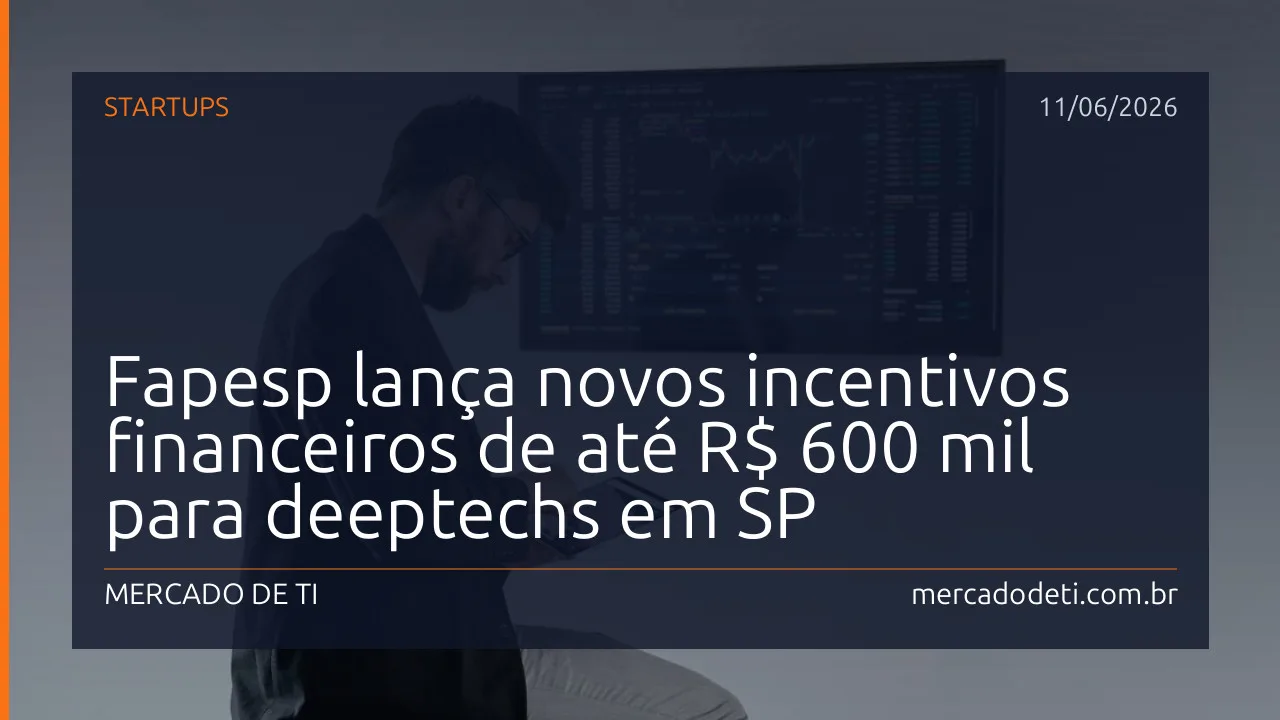 Sede da Fapesp em São Paulo com elementos gráficos de inovação em inteligência artificial e conexão de startups acadêmicas