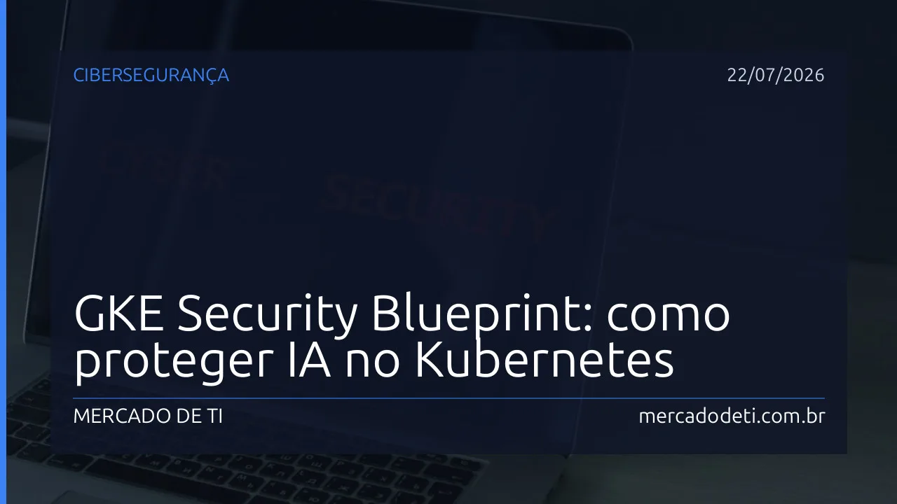 Diagrama conceitual do GKE Security Blueprint mostrando camadas de proteção para cargas de trabalho de IA no Kubernetes.