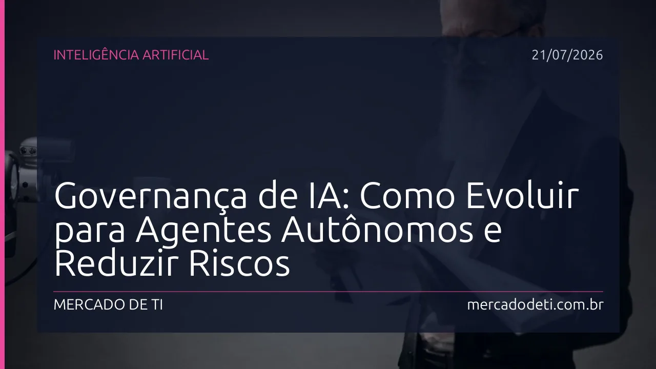 Homem de TI gerenciando um painel de controle de IA com dados e gráficos, simbolizando a governança de sistemas autônomos.