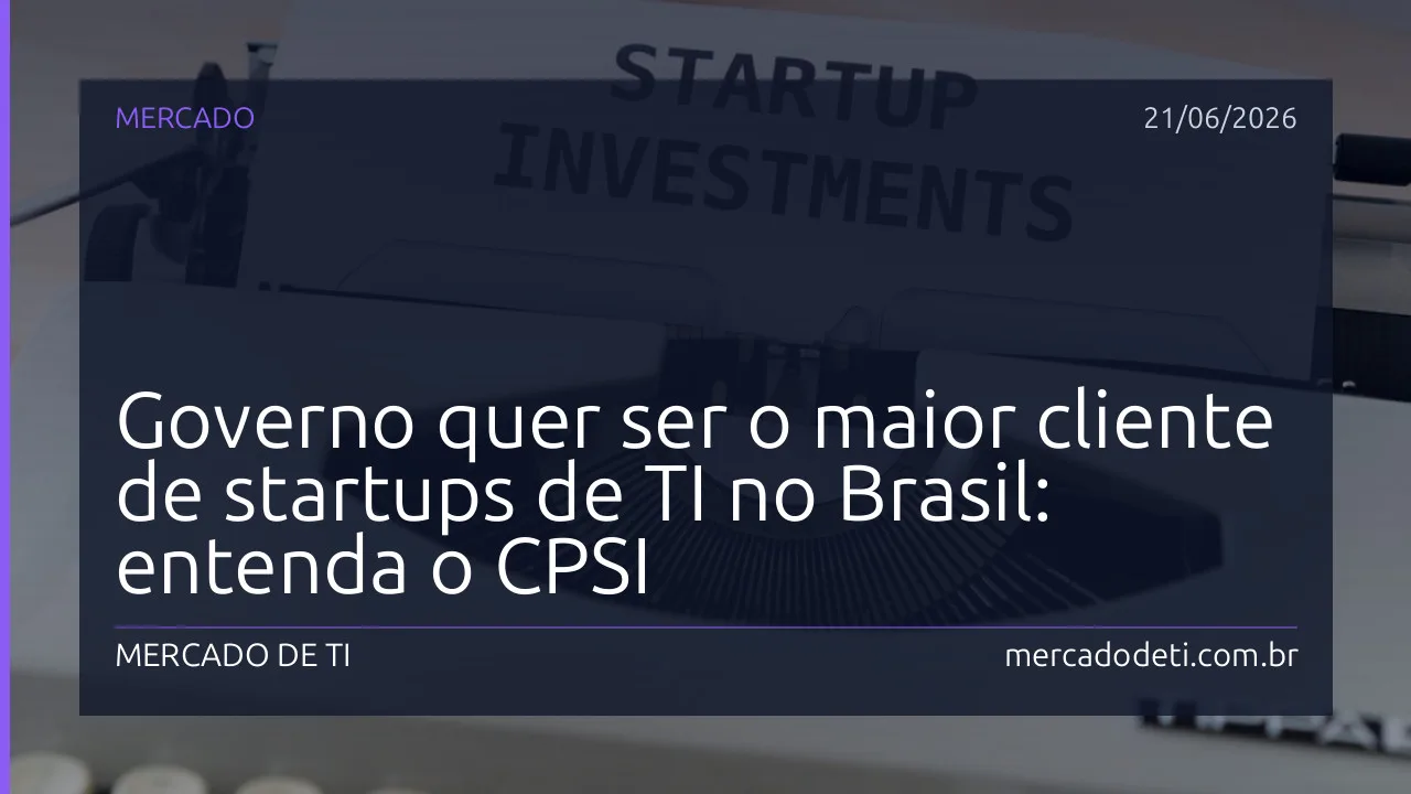 Ilustração conceitual de uma startup de tecnologia integrando soluções de software com sistemas do setor público brasileiro.