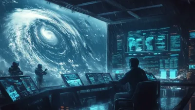 Pesquisadores analisando dados hidrometeorológicos em telas de computador futurista
