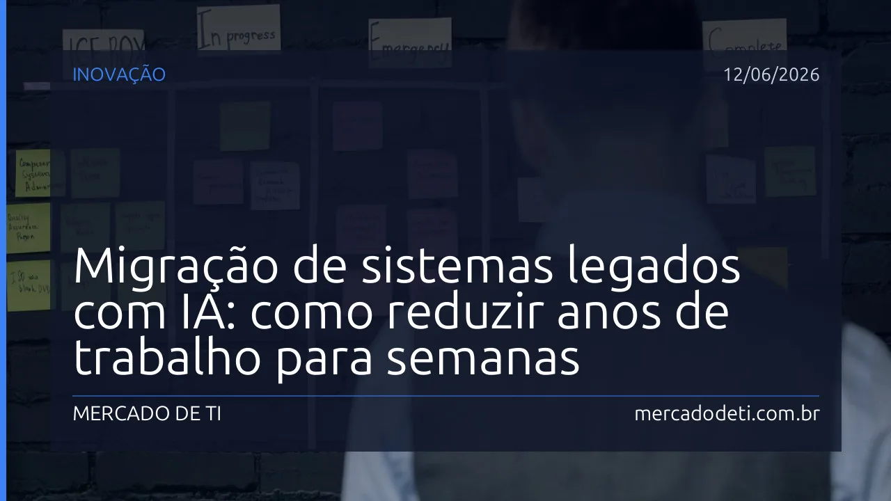 Desenvolvedor monitorando painel de IA com código legado sendo transformado
