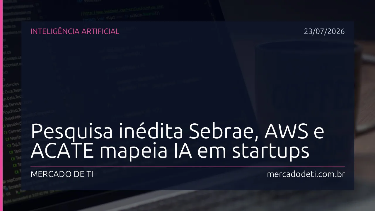 Gráfico abstrato representando o impacto da Inteligência Artificial no crescimento de startups brasileiras, com logos do Sebrae, AWS e ACATE.