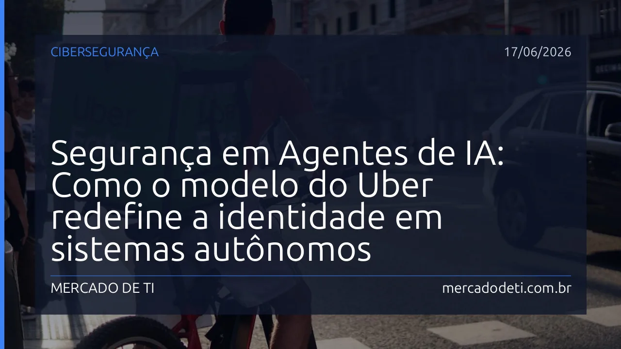Ilustração abstrata sobre segurança de agentes de IA, identidade digital e redes de conexão de sistemas.