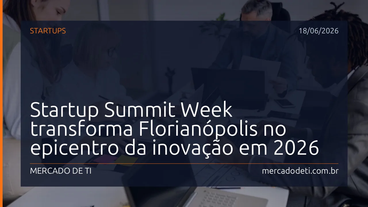 Vista aérea de Florianópolis com elementos gráficos representando conexões de rede e tecnologia.